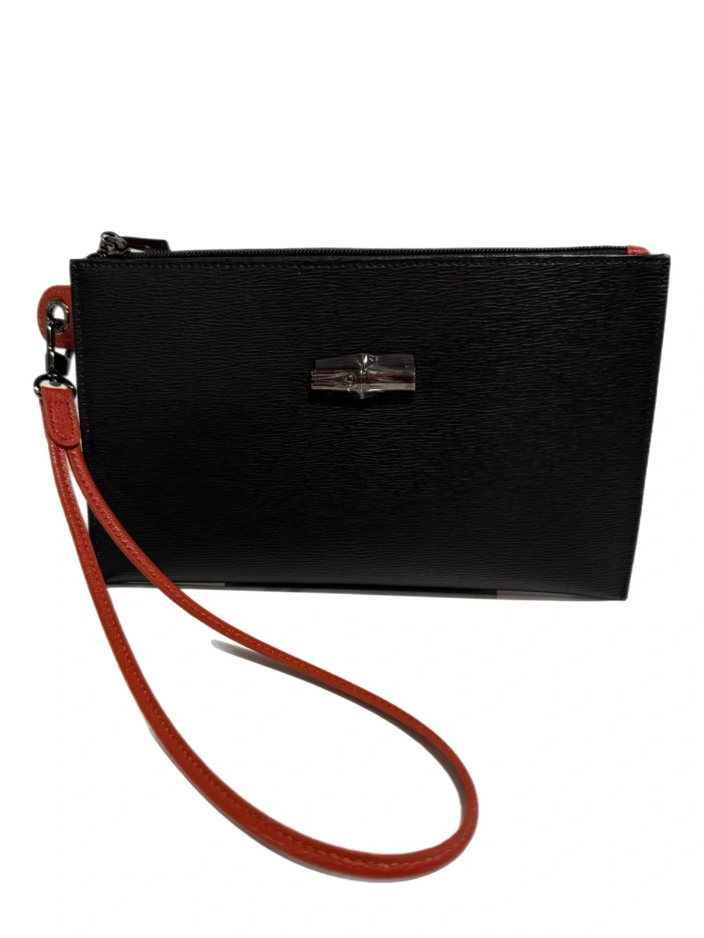 NWT Longchamp Rosea Saffiano Leather Black & Red Wristlet with Detachable Strap